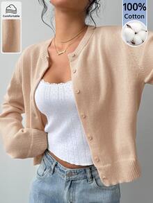 SHEIN BASICS 女款極簡復古單排扣長袖針織開襟衫 - 卡其色 - 查看 1
