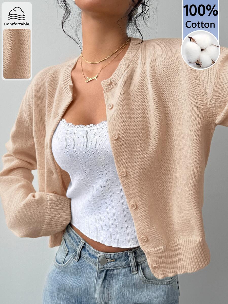 SHEIN BASICS 女款極簡復古單排扣長袖針織開襟衫 - 卡其色 - 查看 1