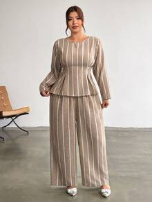 Firerie Plus Size Slimming Ruched Khaki Striped Round Neck Long Sleeve Set/Elastic Waistband/Casual Everyday Matching Set Fall - Khaki - View 7