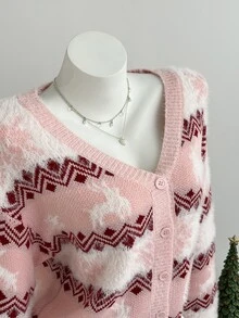 Elamini Minimalist Christmas Women's Autumn/Winter Pink Long Sleeve Slim Fit Knit Cardigan Sweater Top - Pink - View 4