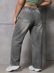 SHEIN ICON Plus Size Women's High Waist Wide Leg Loose Casual Denim Jeans With Pockets - Light Grey - View 3