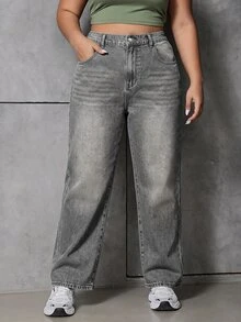 SHEIN ICON Plus Size Women's High Waist Wide Leg Loose Casual Denim Jeans With Pockets - Light Grey - View 2