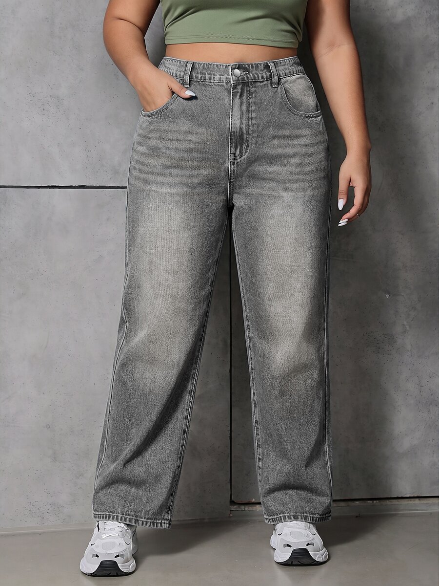 SHEIN ICON Plus Size Women's High Waist Wide Leg Loose Casual Denim Jeans With Pockets