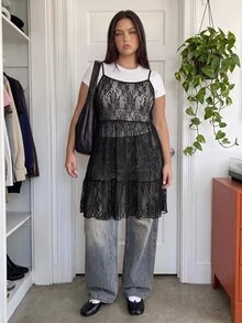 Comfortcana Plus Size Autumn/Winter Lace Camisole Dress & High Neck Cotton T-Shirt Black Set - Black - View 14