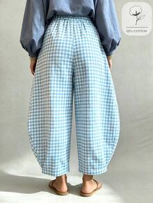 SoleilVie Blue Plaid Plus Size Women's Curved Leg Pants With Pockets - Blue - View 2