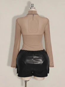 SHEIN ICON 大尺碼網格拼接 Y2K 性感連身衣 - 卡其色 - 查看 6