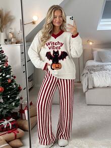DAZY Halloween Themed Pattern Autumn/Winter Soft Knit Comfortable Half-Fleece 2 Pieces Loungewear Pajama Set For Women - Red - View 11