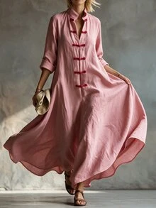 Glimmora New Chinese Style Stand Collar Frog Button Long Sleeve Dress Vintage Artistic Loose Plus Size Women - Pink - View 4