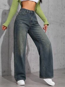 SHEIN EZwear 女款寬鬆寬腿休閒百搭牛仔褲，附口袋 - 深色水洗藍 - 查看 5
