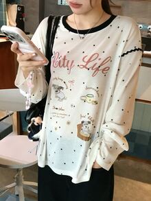 Dazy Kids Teen Girls Letter Print Polka Dot Long Sleeve T-Shirt - Beige - View 4