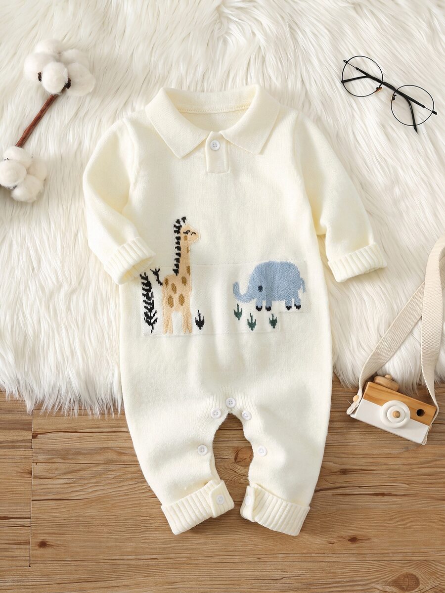 SHEIN Baby Boy Cartoon Animal Pattern Knitted Soft Round Neck Long Sleeve One-Piece Jumpsuit Comfortable Versatile Suitable For Autumn Winter - Multicolor - View 1