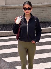 Eassivo Women's Striped Contrast Color Zipper Long Sleeve Sports Jacket - Black - View 5