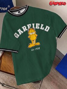 GARFIELD | SHEIN Daypath 男士卡通字母印花插肩袖圓領對比飾邊T恤 - 墨綠色 - 查看 1