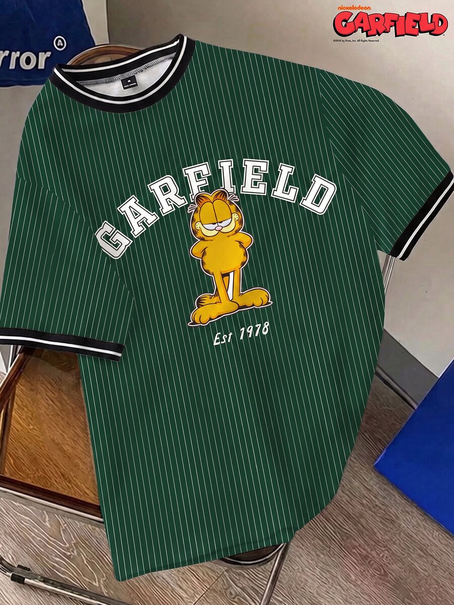 GARFIELD | SHEIN Daypath 男士卡通字母印花插肩袖圓領對比飾邊T恤 - 墨綠色 - 查看 1
