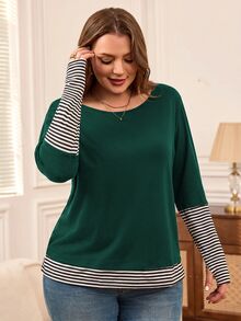 Rosumi Blus Ukuran Besar Warna Merah dengan Motif Patchwork, Kerah Bulat, Lengan Panjang, Elegan untuk Kantor, Musim Gugur/Musim Dingin 2026 - Dark Green - View 2