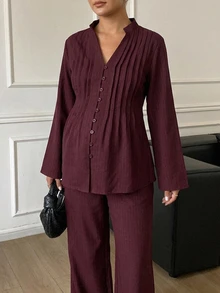 DAZY Solid Color Loose Pullover Long Sleeve Shirt & Straight Leg Pants Casual Vacation Daily Spring Autumn Maternity 2pcs Set - Burgundy - View 1