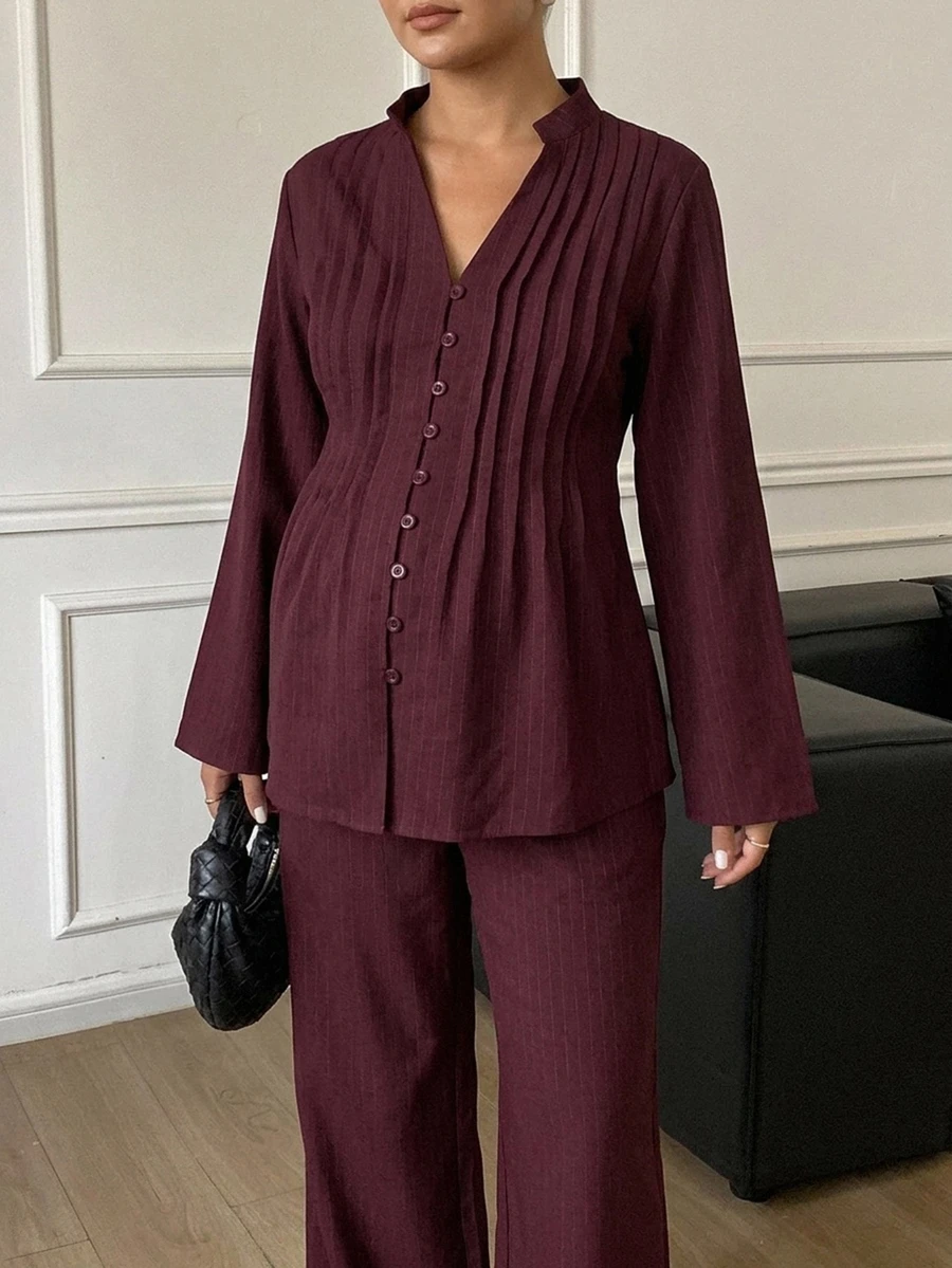 DAZY Solid Color Loose Pullover Long Sleeve Shirt & Straight Leg Pants Casual Vacation Daily Spring Autumn Maternity 2pcs Set - Burgundy - View 1