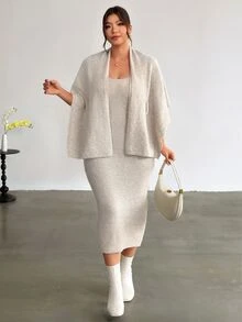 Firerie Atmospheric Knit Cover Up Dress With Multiple Wearing Styles, Knot Detail, V Neck, Loose Fit, Flattering Silhouette, Versatile Fall Cocktail Grey - Apricot - View 5