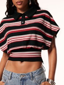 Denimoi Cinched Waist Collared Top Fashion Tops Striped Polo Summer Fashionable Streetwear Polo Shirt - Multicolor - View 4