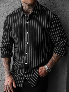 SLATEMANN 2026 春/秋季男士皺褶直條紋長袖領襯衫，寬鬆版型黑色鈕扣休閒街頭上衣 - 黑色 - 查看 1