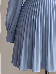 SHEIN Tall High Waist Women Elegant Romantic Pleated Chiffon Flowy Dress - Dusty Blue - View 5
