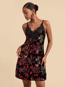 Travachic 女款優雅亮片蕾絲細肩帶洋裝 性感約會之夜穿搭 - 黑色 - 查看 6