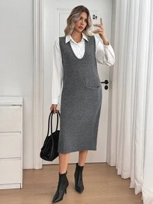Sprig & Strand Autumn/Winter Slouchy Deep V Neck Straight Pocket Tank Dress Commuter Youthful Design Women's Sweater Dress - Grey - View 3