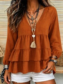 Holdful Holdful Orange V-Neck Long Sleeve Ruffle Hem Casual Blouse For Women - Redwood - View 1