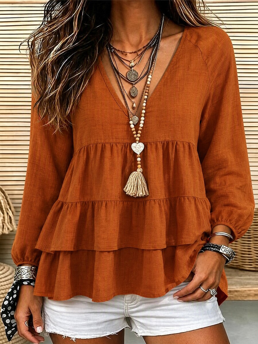 Holdful Holdful Orange V-Neck Long Sleeve Ruffle Hem Casual Blouse For Women - Redwood - View 1