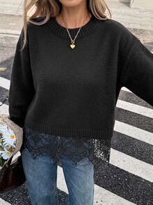 Serisse 女款純色長袖蕾絲下擺圓領針織衫 - 黑色 - 查看 4
