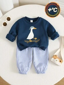 SHEIN 2件組嬰兒男童/女童秋冬加厚抓絨內裡白色鵝圖案運動衫與條紋慢跑褲套裝，嬰兒男童冬季套裝，運動服 - 彩色 - 查看 8
