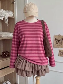 Comfortcana Plus Size Korean Style Minimalist Striped Colorblock Long Sleeve Crew Neck T-Shirt - Watermelon Pink - View 2