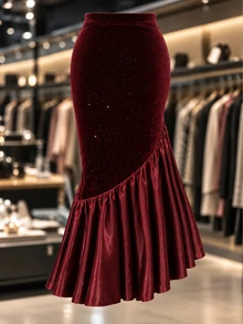 Franclia Plus Size Burgundy Velvet Glitter High Waist Slim Fit Bodycon Asymmetrical Ruffle Fishtail Evening Skirt - Burgundy - View 1