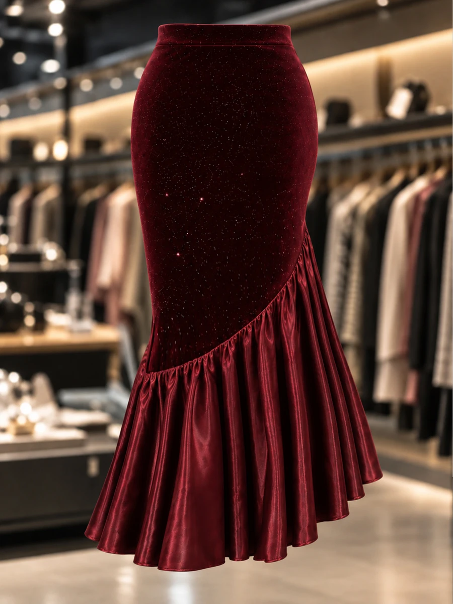 Franclia Plus Size Burgundy Velvet Glitter High Waist Slim Fit Bodycon Asymmetrical Ruffle Fishtail Evening Skirt - Burgundy - View 1