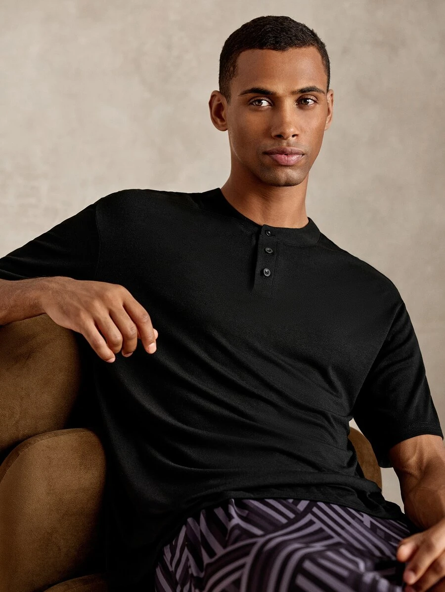 EverLounge Men's Casual Button Design Short Sleeve Loungewear Top - Black - View 1