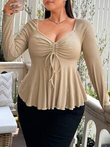 Vionelle Diamond Neckline Front Drawstring Ribbed Plus Size Long Sleeve T-Shirt - Apricot - View 4