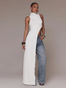 MUSERA High Neck Asymmetric Cut Out Side Draped Maxi Length Long Sleeveless Top Cute Sexy Holiday Spring - White - View 4