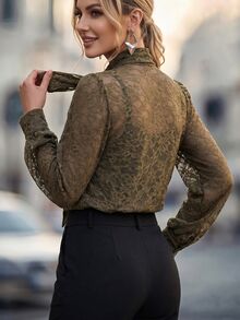 Velvienne Olive Green Floral Lace Blouse, High Neck Bowknot Ribbon Lantern Long Sleeve Commuter Top Fall - Olive Green - View 2