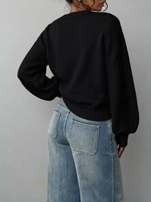 SHEIN BASICS 女款素色圓領長袖休閒百搭針織衫 - 黑色 - 查看 2