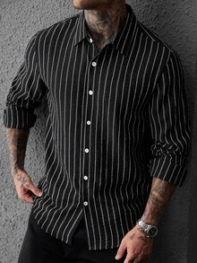 SLATEMANN 2026 春/秋季男士皺褶直條紋長袖領襯衫，寬鬆版型黑色鈕扣休閒街頭上衣 - 黑色 - 查看 6