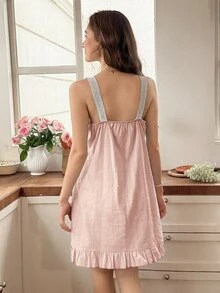 Snug Reverie Women's Fresh Light Blue Comfortable Jacquard Contrast Color Embroidered Lace Ruffle Camisole Nightgown - Pink - View 2