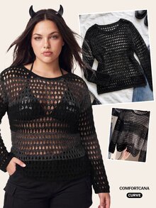 Comfortcana Plus Size Mesh Hollow Out Pullover Sweater - Black - View 1