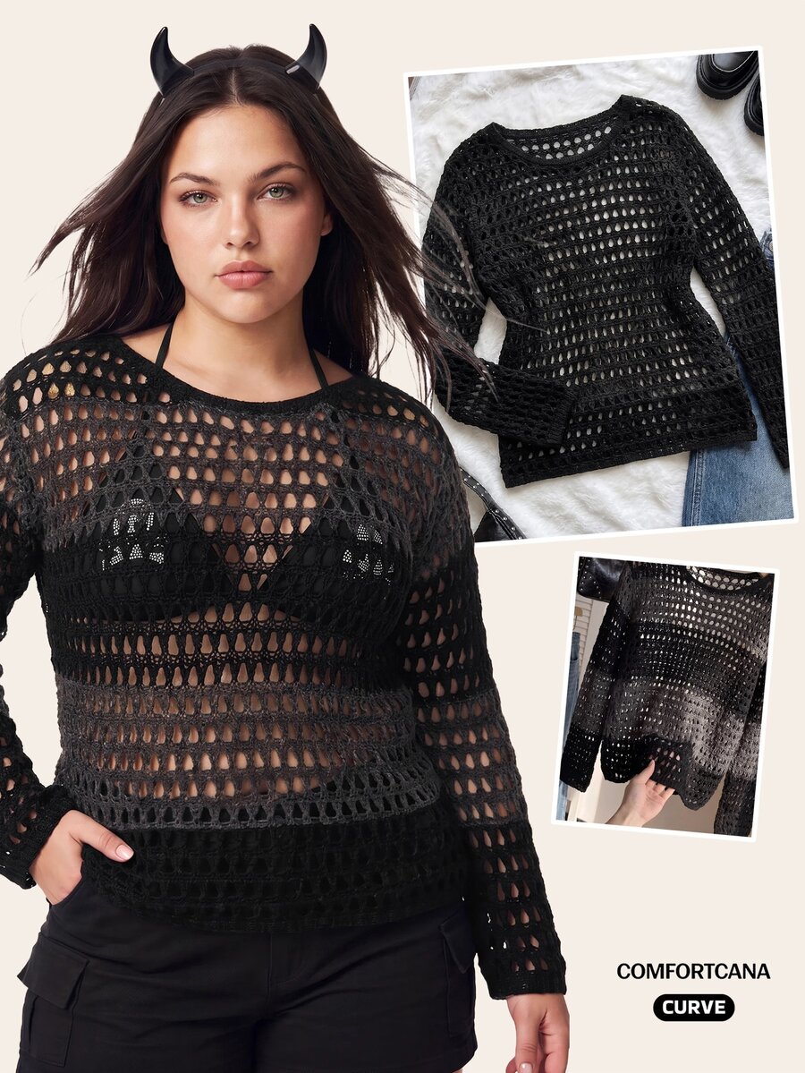 Comfortcana Plus Size Mesh Hollow Out Pullover Sweater - Black - View 1