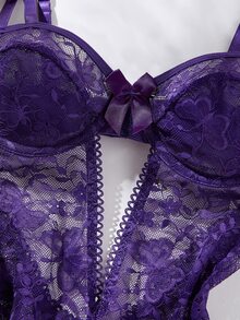 Seduluxe Butterfly Lace Mesh Ruffle Trim Underwire Bra Sheer Sexy Women Jumpsuit - Purple - View 4