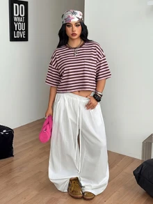 Coolane 女款大尺碼夏季秋季街頭風Y2K休閒通勤約會落肩寬鬆短袖圓領亮粉色棕色條紋T恤 - 粉色 - 查看 4