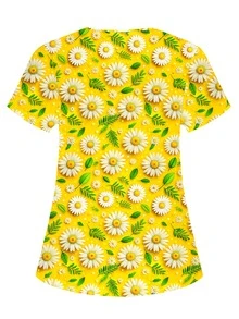 PopScrub Yellow Plus Size V-Neck Short Sleeve Double Pocket Cute Daisy Floral Print Design Nurse, Lab, Doctor Work Uniform, Multi-Pocket Functional Holiday Outfit, Plus Size Daisy Women's Top, Cute - Yellow - View 2