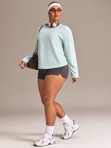 Easithlete Kaos Olahraga Lengan Panjang Wanita Ukuran Besar Warna Polos dengan Desain Simpul di Belakang, Cocok untuk Musim Gugur. - Baby Blue - View 5