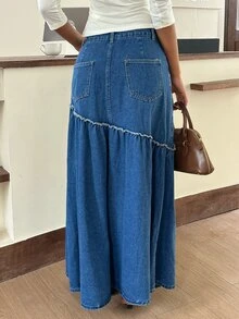 Rivivi Rok Denim Biru Wanita untuk Outdoor Segala Musim dengan Hiasan Rumbai - Dark Wash - View 2