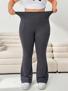 Solflare Plus Size Minimalist Casual Pocket Elastic Flare Pants Fall - Dark Grey - View 1