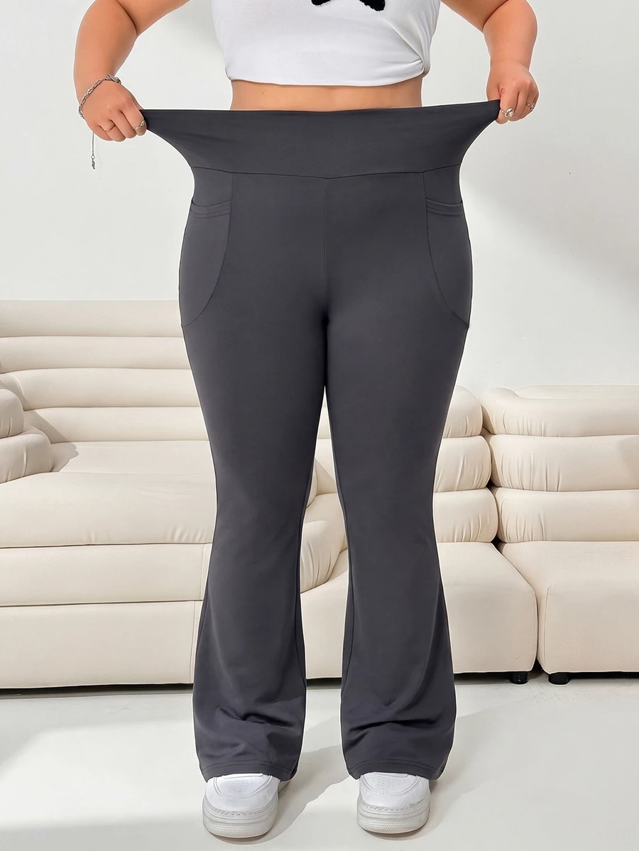 Solflare Plus Size Minimalist Casual Pocket Elastic Flare Pants Fall - Dark Grey - View 1